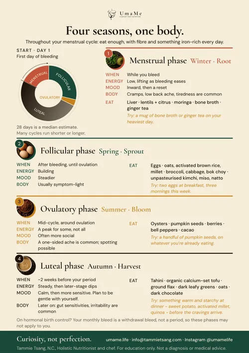 The Four Seasons Cycle Chart: a one-page card showing the menstrual, follicular, ovulatory and luteal phases, with foods for each