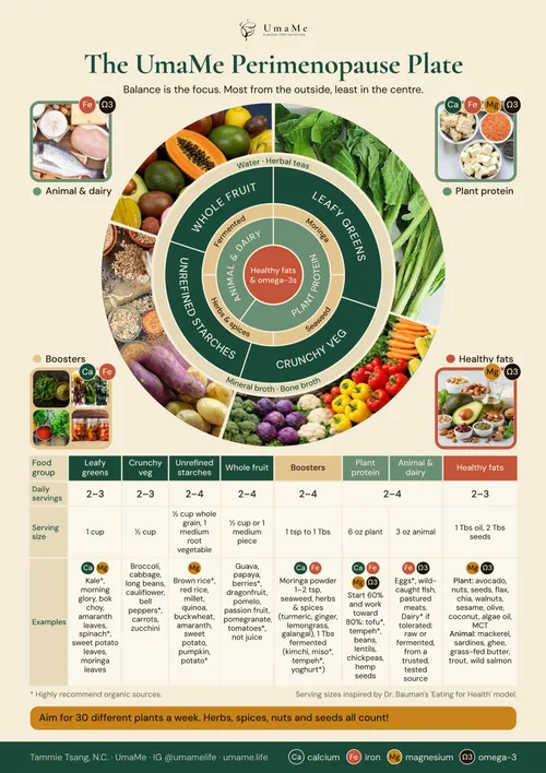 The UmaMe Perimenopause Food Chart: a round plate chart of food groups, with daily servings and examples